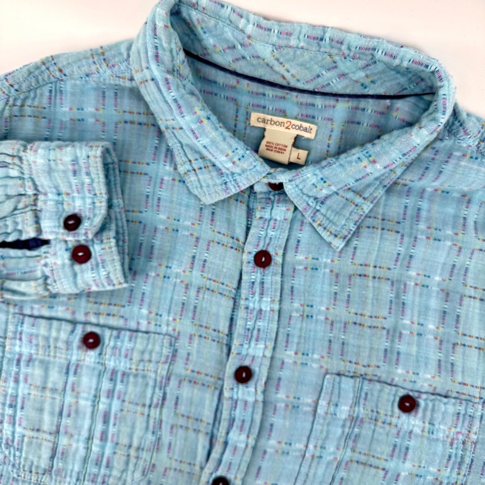 Carbon2Cobalt Button Up Shirt Large Teal Blue Textured Dobby Grid Long‎ Sleeve